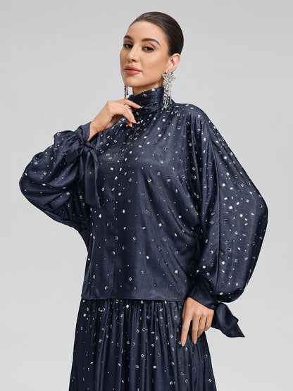 Rhinestone High Neck Satin Top