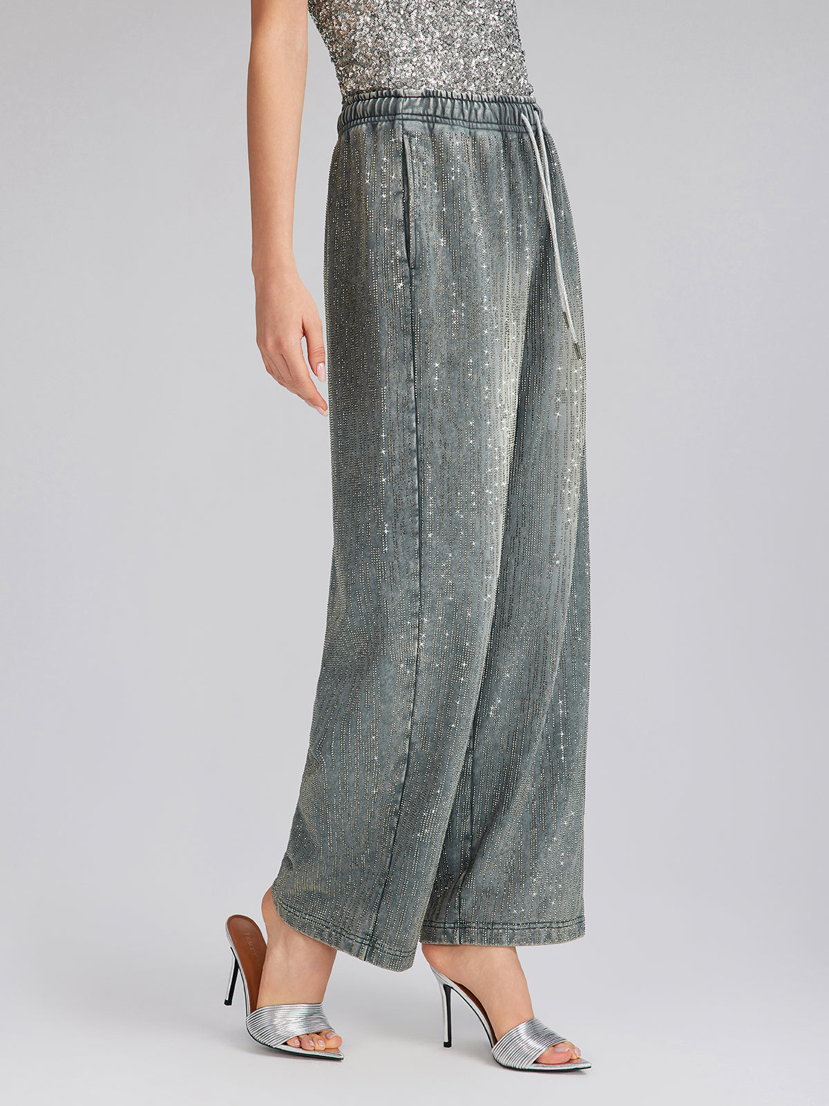 Denim-Inspired Rhinestones Embellished Sweatpants