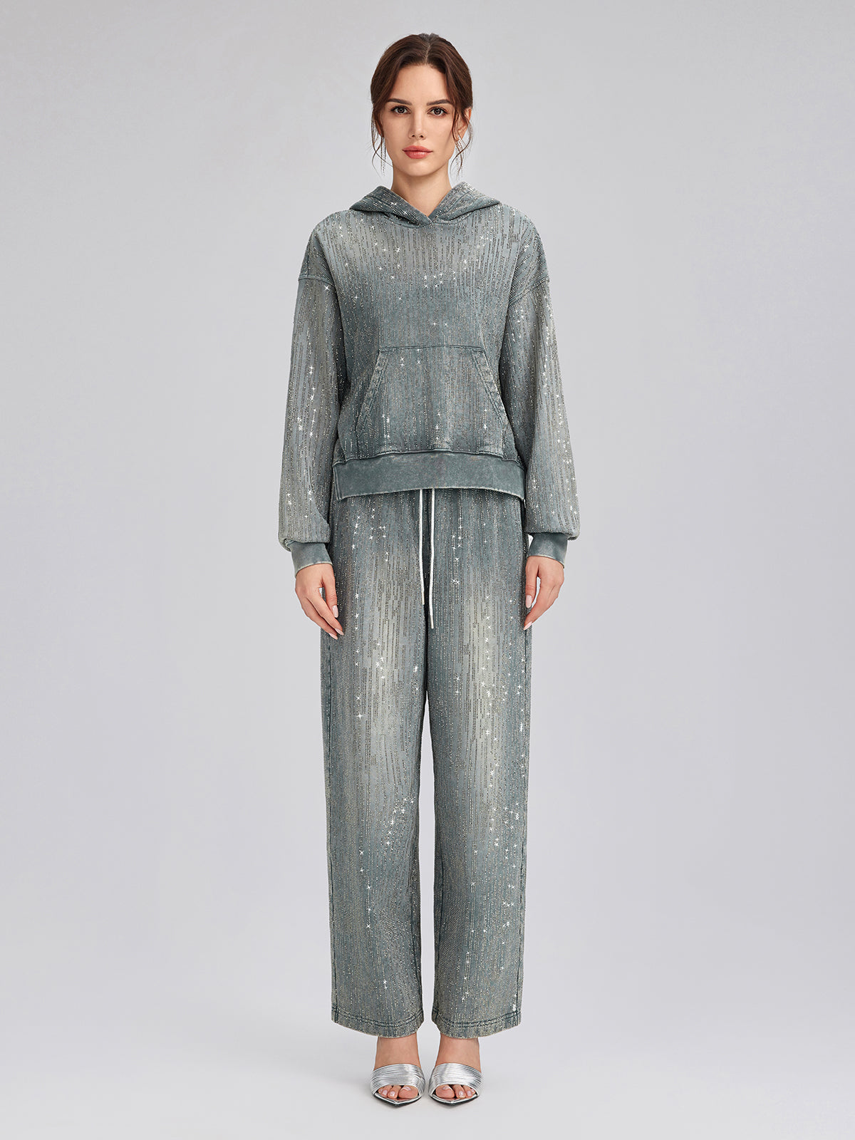 Denim-Inspired Rhinestones Cropped Hoodie