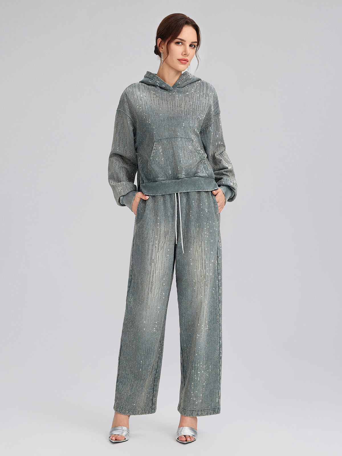 Denim-Inspired Rhinestones Cropped Hoodie