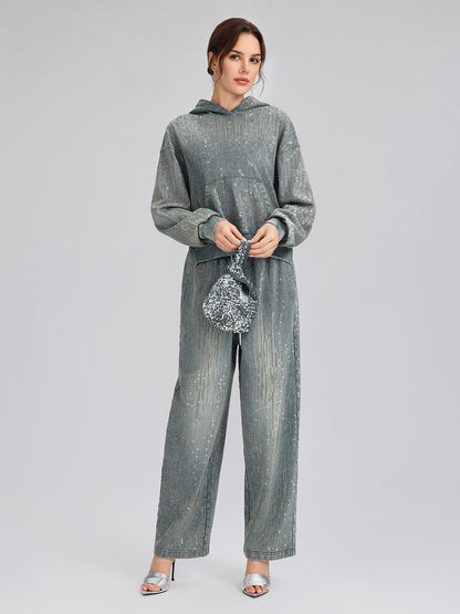 Denim-Inspired Rhinestones Cropped Hoodie