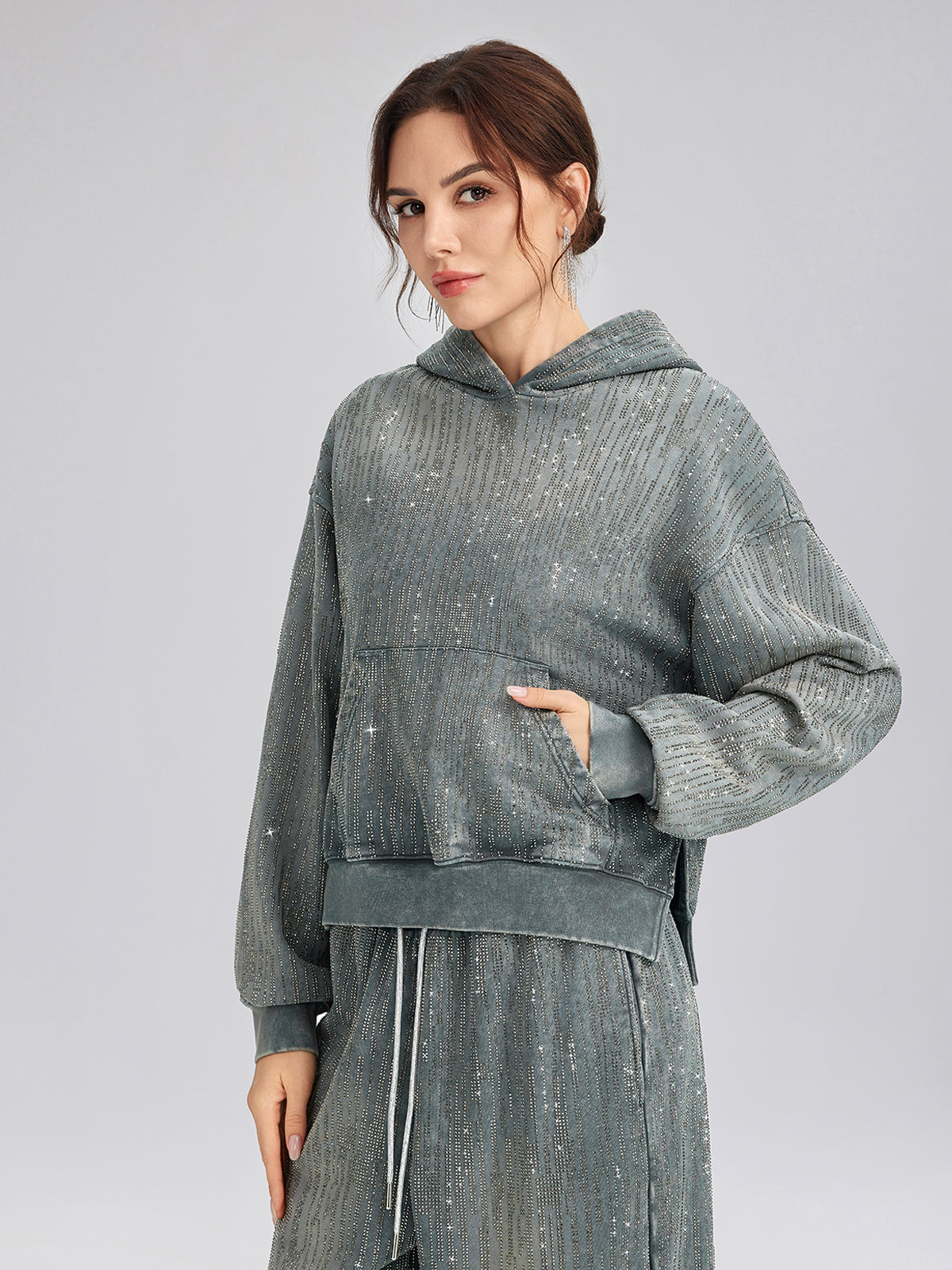 Denim-Inspired Rhinestones Cropped Hoodie