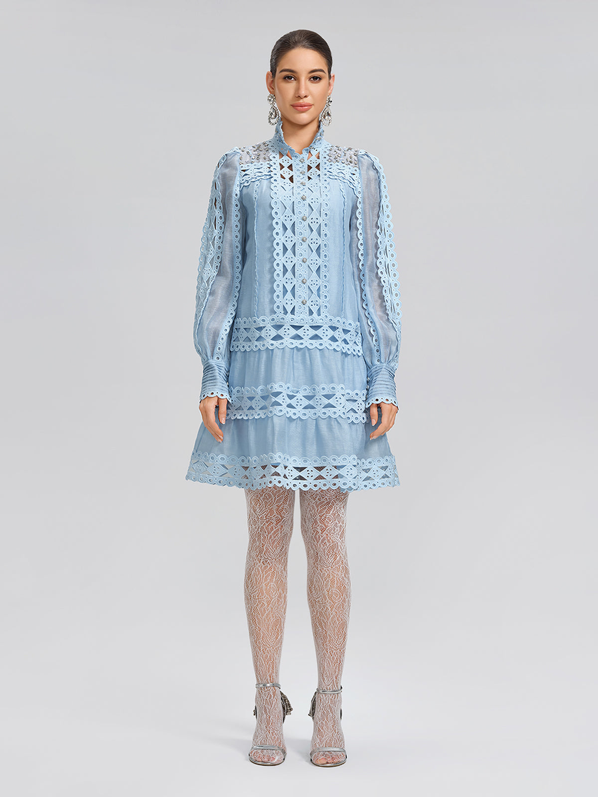 Linen Beaded Cutout Trimming Mini Dress