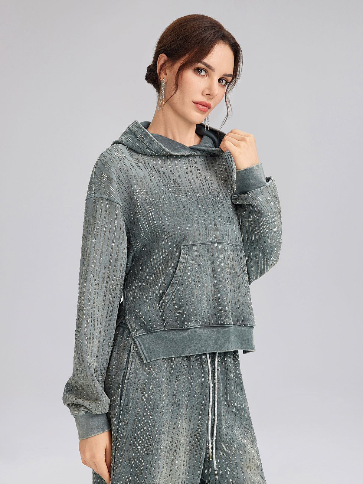 Denim-Inspired Rhinestones Cropped Hoodie