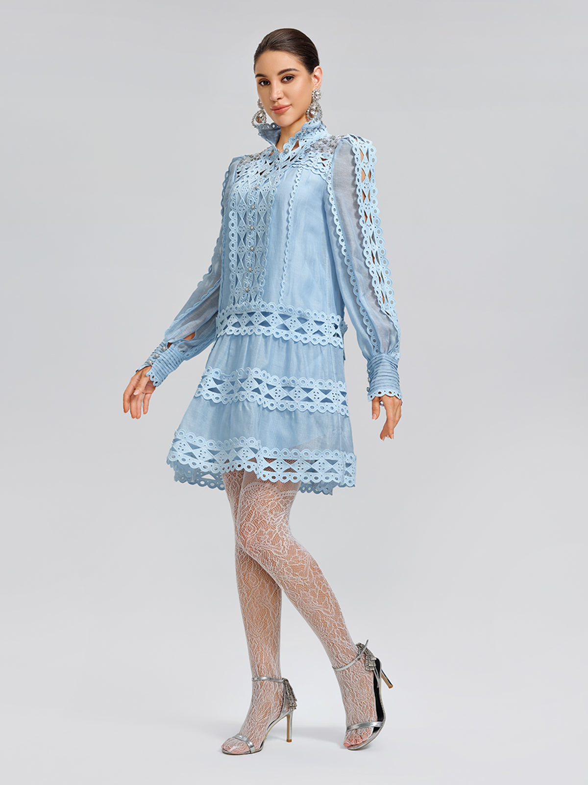 Linen Beaded Cutout Trimming Mini Dress