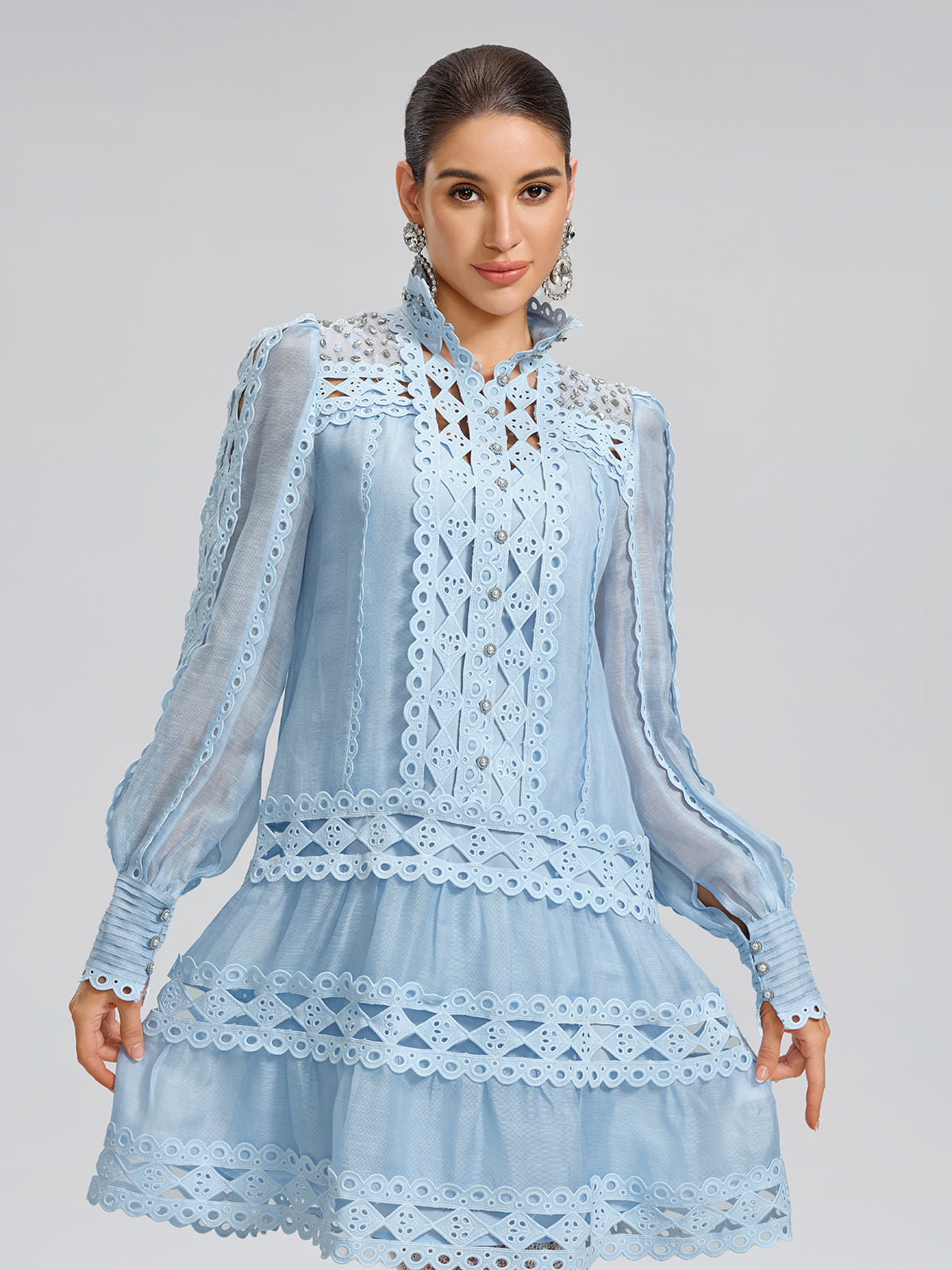 Linen Beaded Cutout Trimming Mini Dress