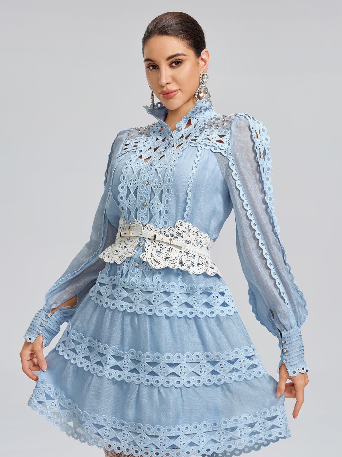 Linen Beaded Cutout Trimming Mini Dress