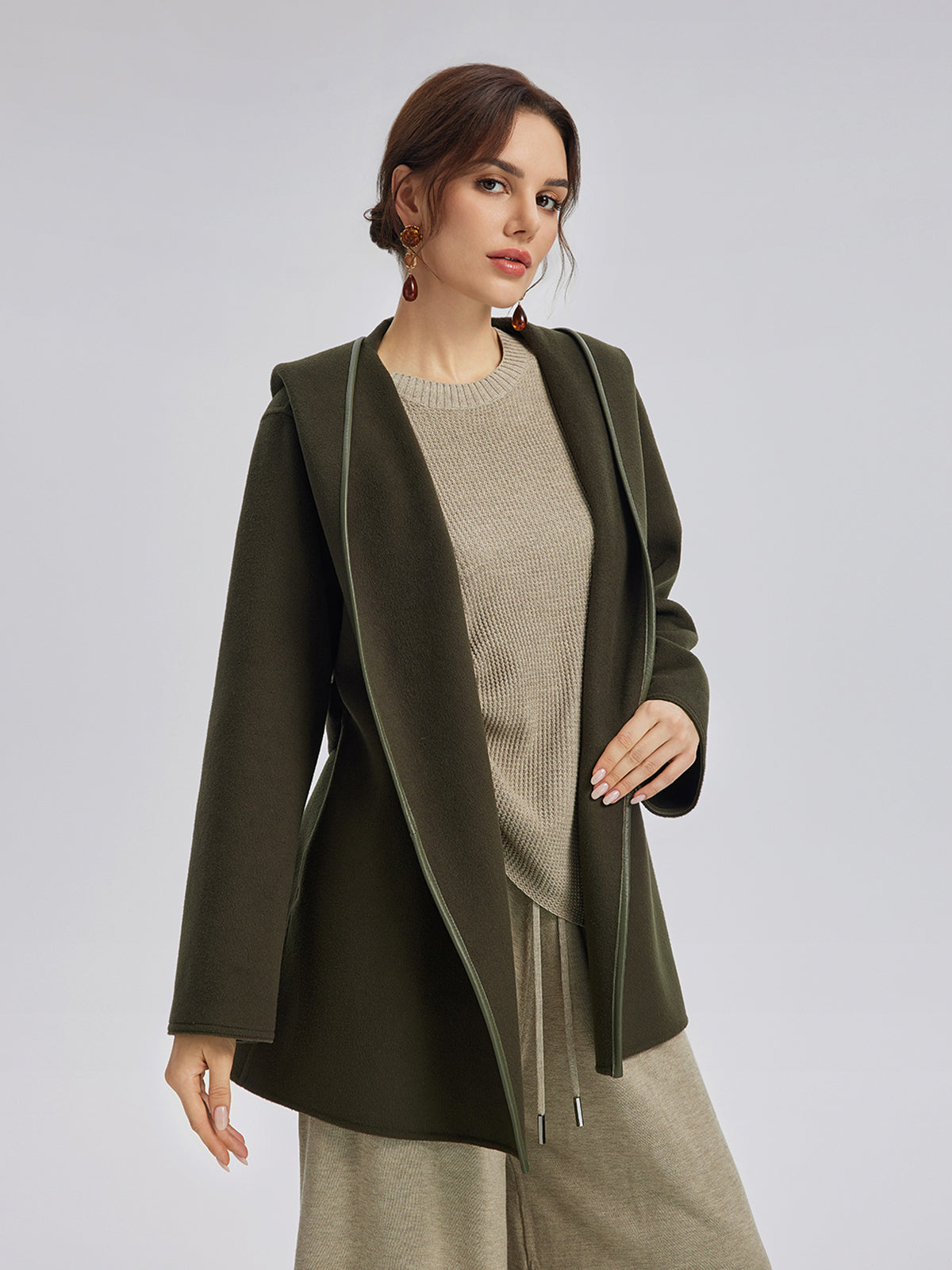 Robe-Style Wool Cashmere Coat (Waist Tie Included)