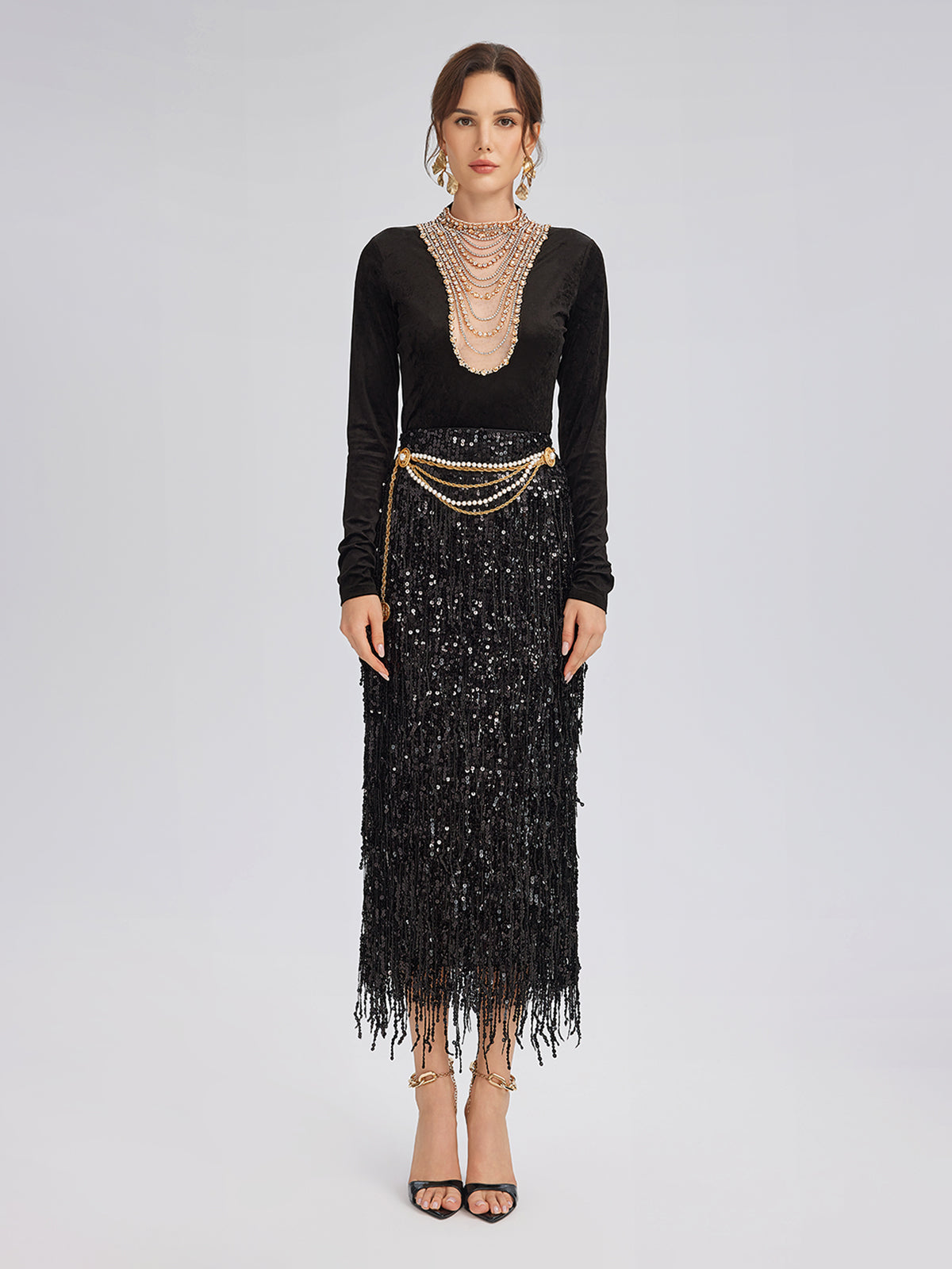 Hand-Beaded Crystal Chain Velvet Top