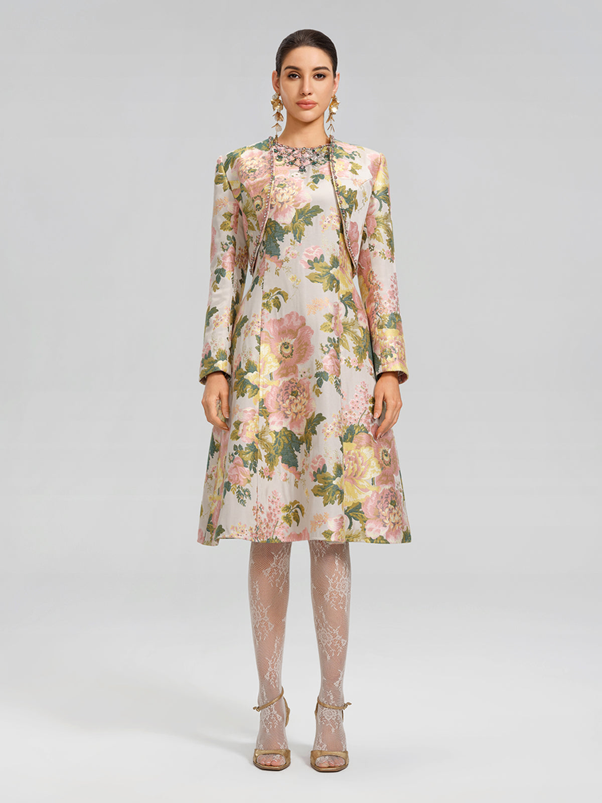 Crystal Beaded Jacquard Cropped Waist Jacket