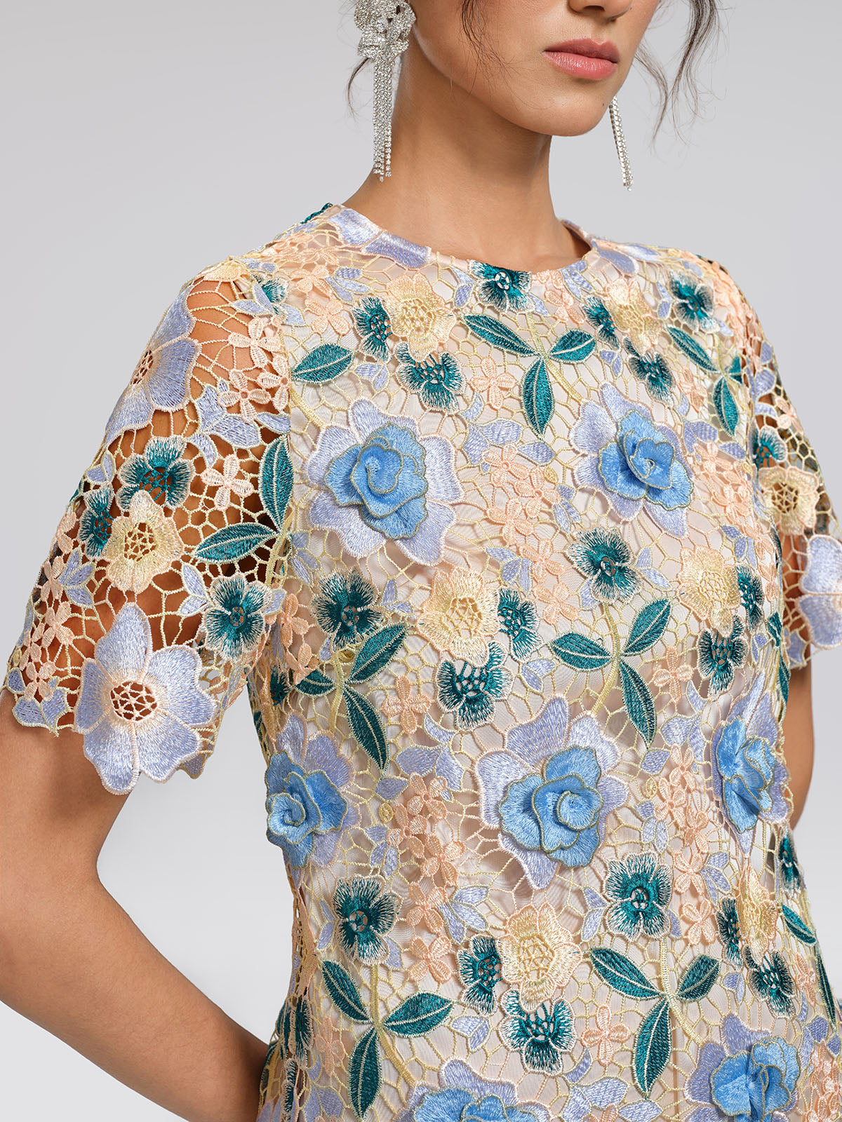 Guipure Lace Floral Leaf-Embellished Dress