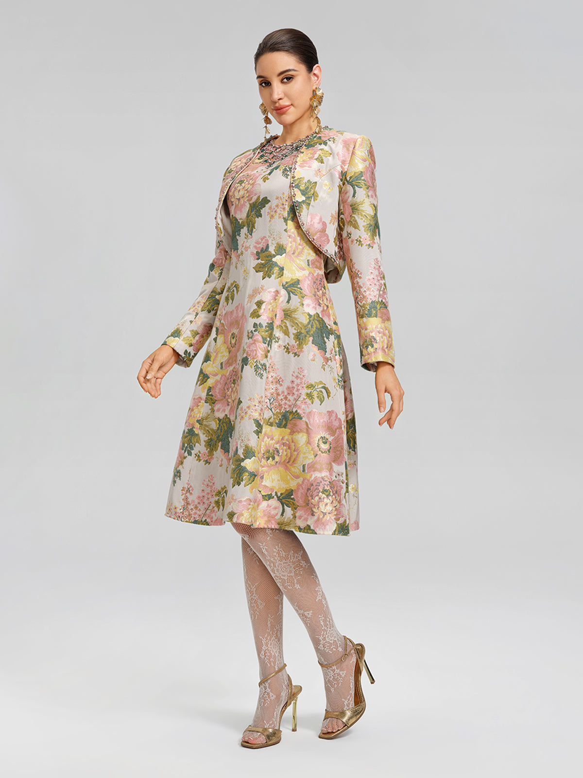 Crystal Beaded Jacquard Cropped Waist Jacket
