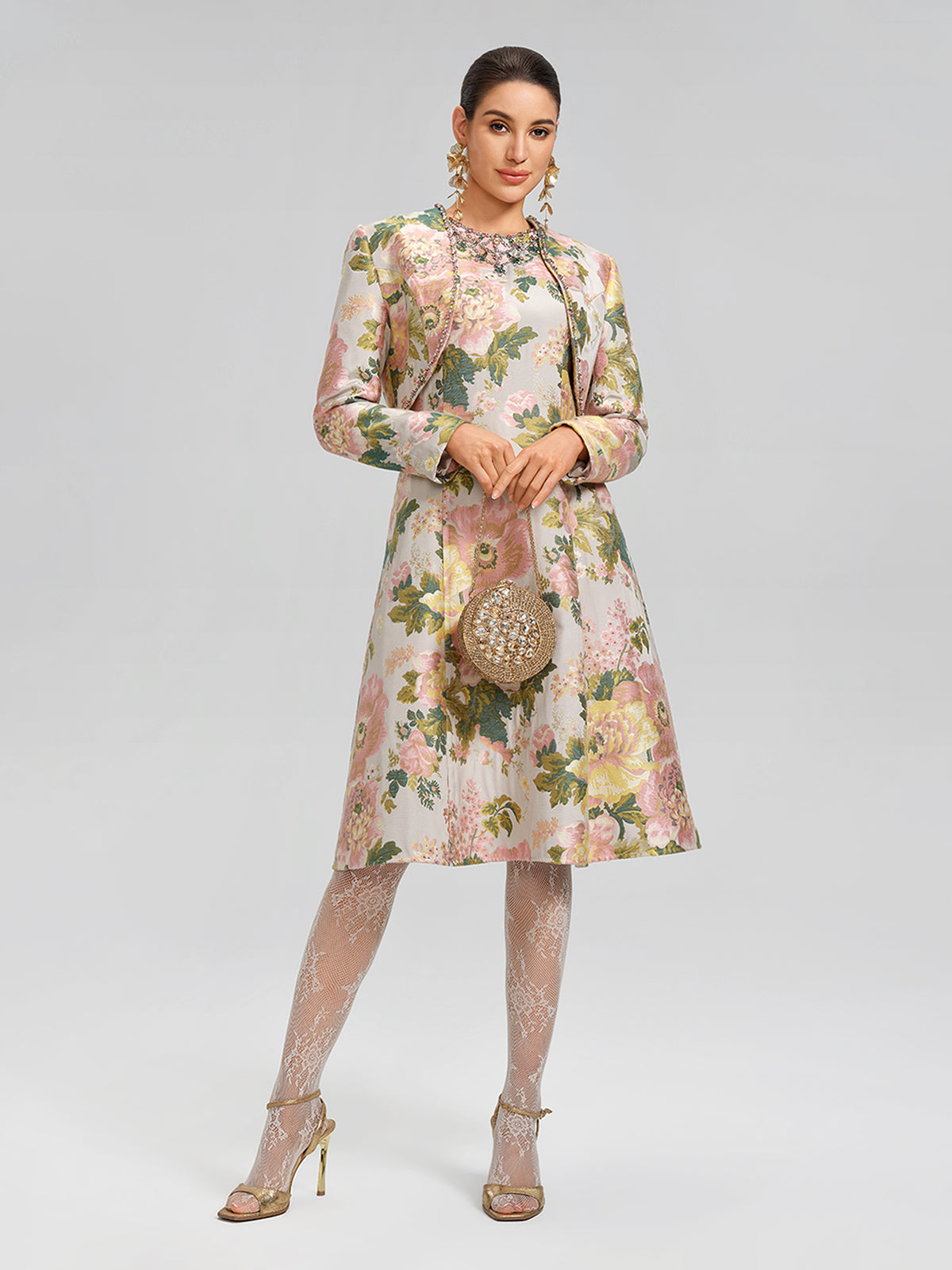 Crystal Beaded Jacquard Cropped Waist Jacket