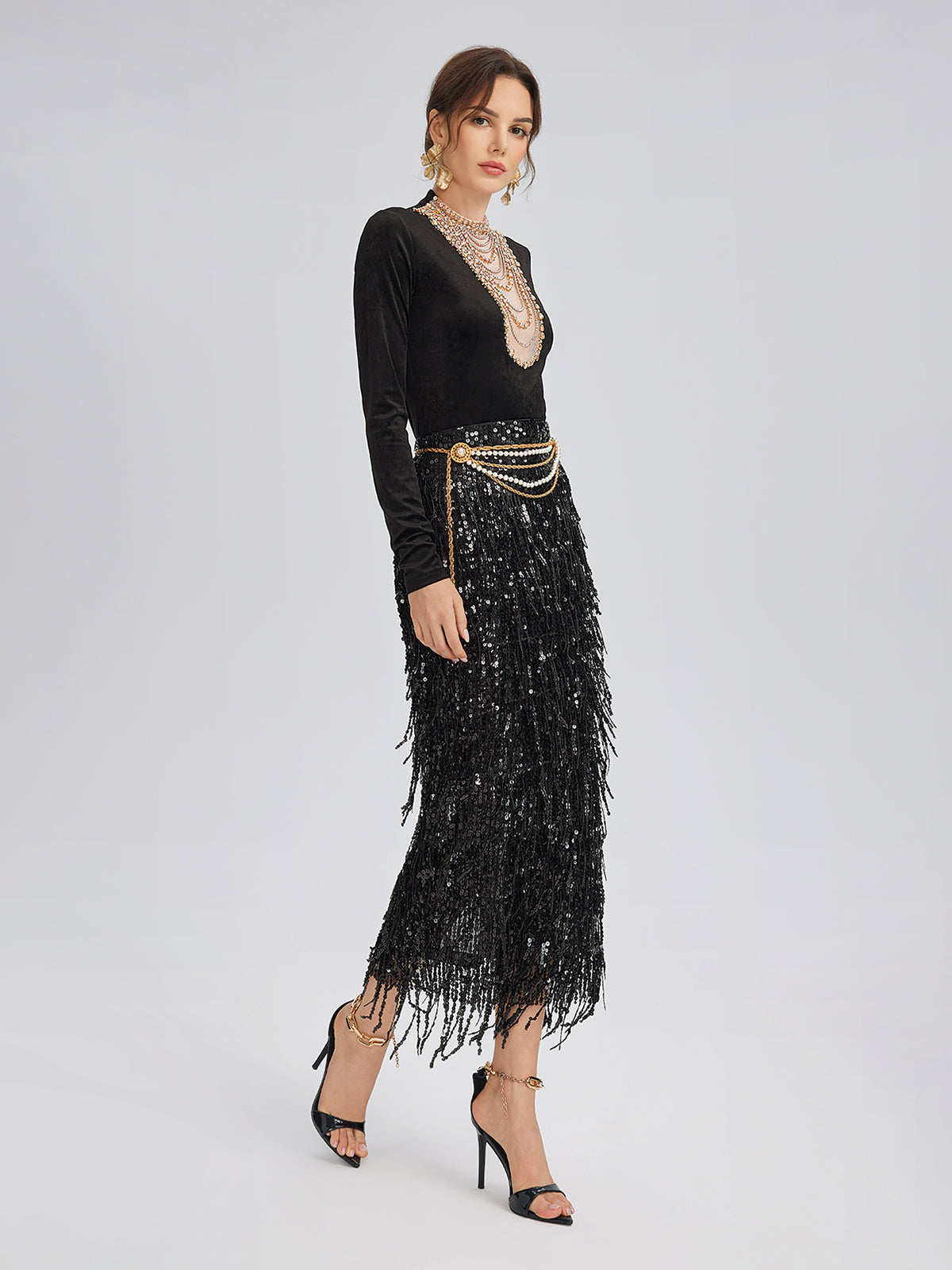 Hand-Beaded Crystal Chain Velvet Top