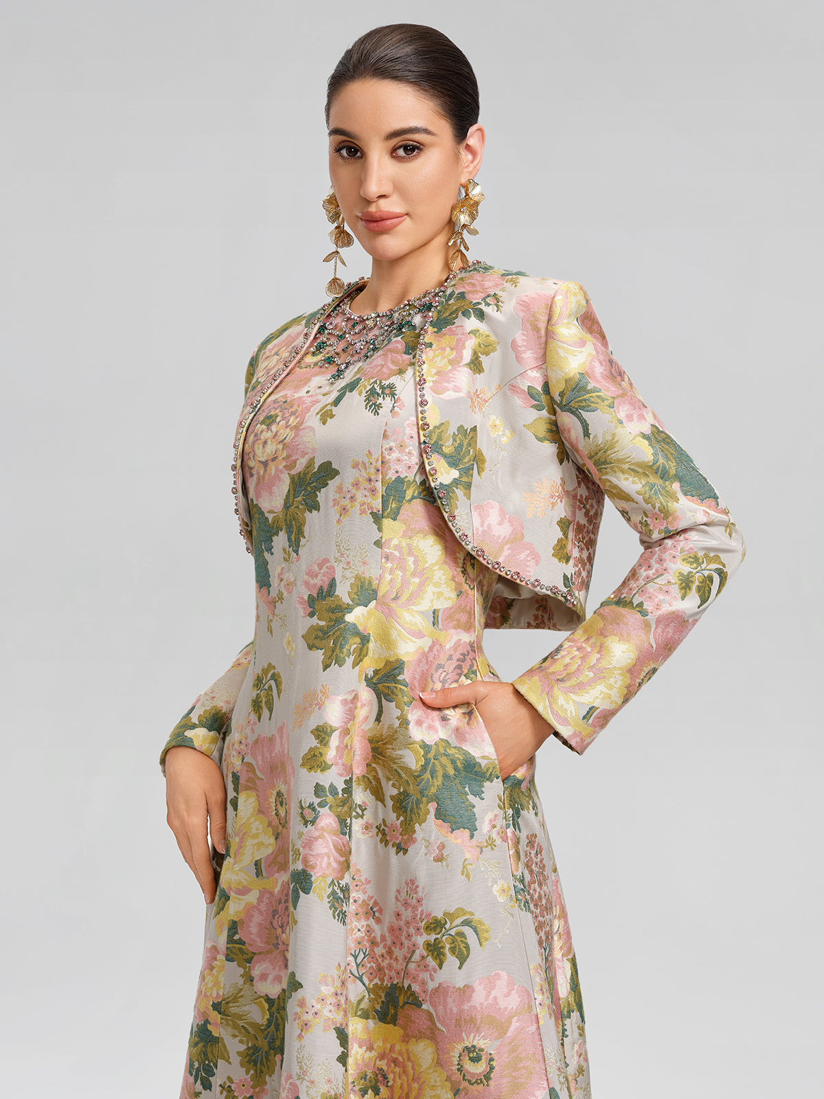 Crystal Beaded Jacquard Cropped Waist Jacket
