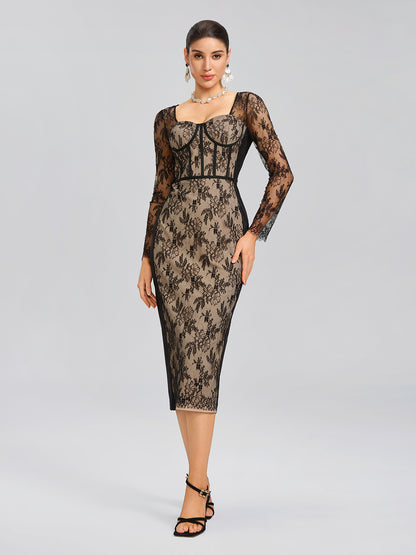 Lace Ribbed Panel Bodycon Dress