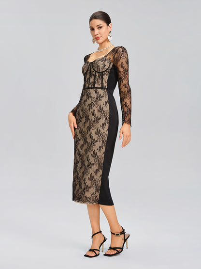 Lace Ribbed Panel Bodycon Dress