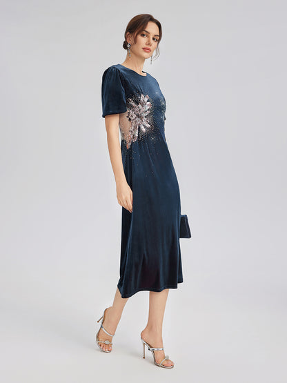 Two-Tone Velvet Rhinestone Embroidered Dress
