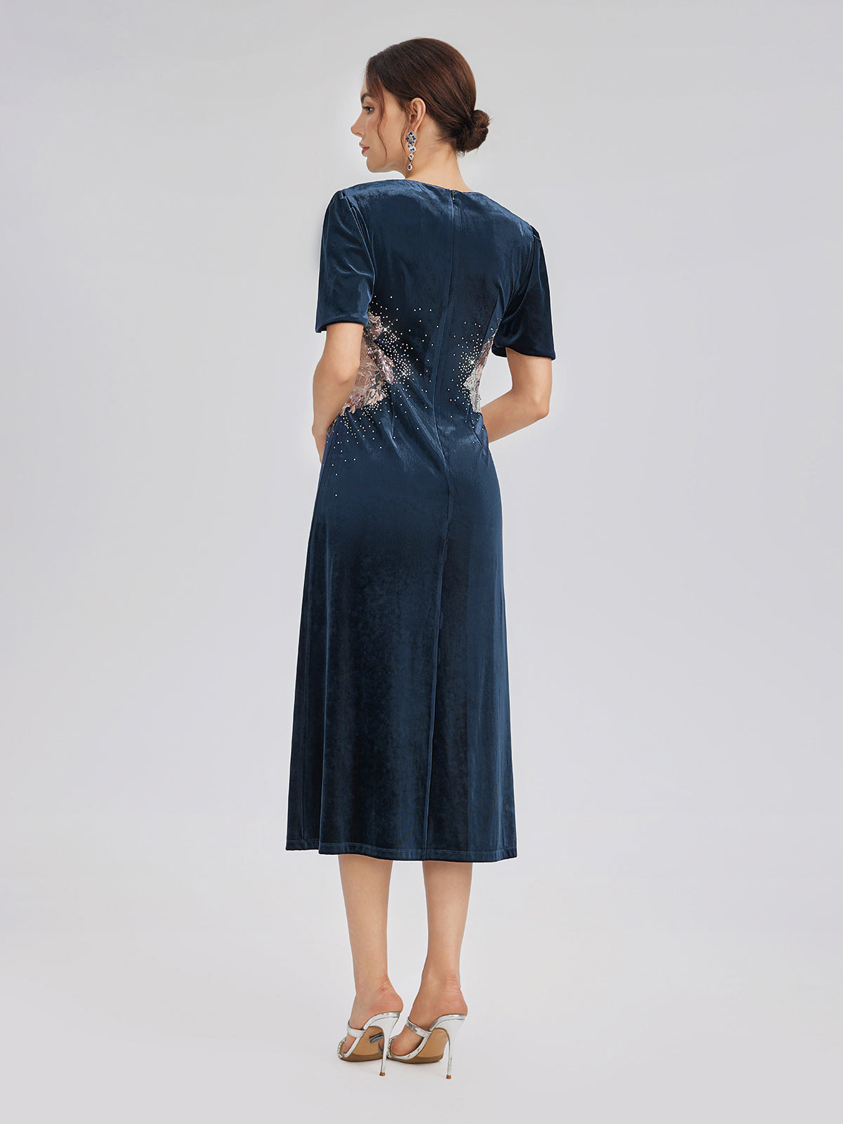 Two-Tone Velvet Rhinestone Embroidered Dress