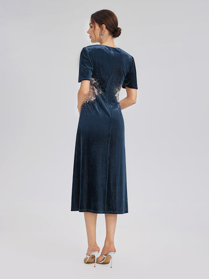 Two-Tone Velvet Rhinestone Embroidered Dress