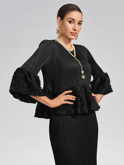 Pleated Bell-Sleeve Stretch Set