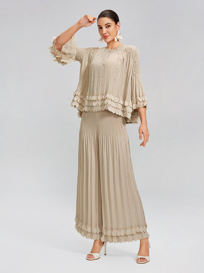 Hand-Stitched Floral Beaded Pleated Set