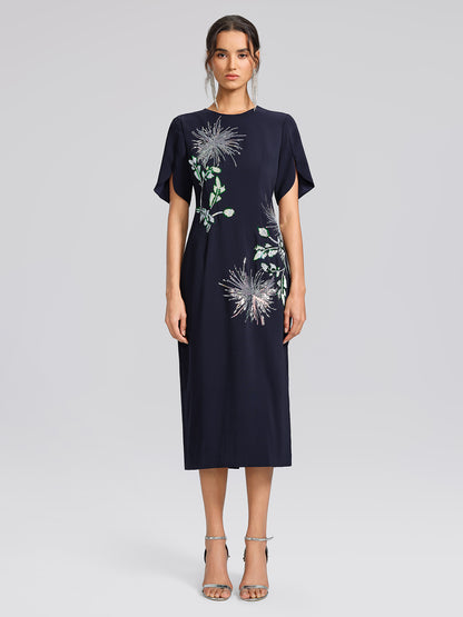 Navy Sequin Embroidered Short-Sleeve Dress