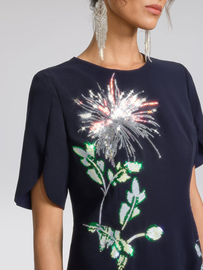 Navy Sequin Embroidered Short-Sleeve Dress