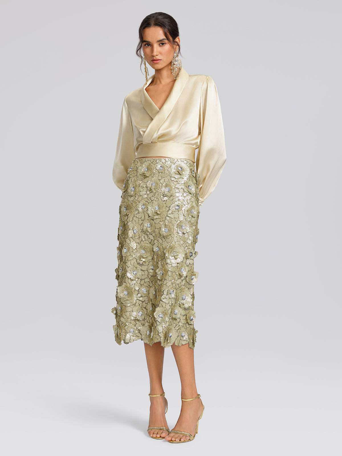 100% Silk Satin Adjustable Tie V-Neck Blouse