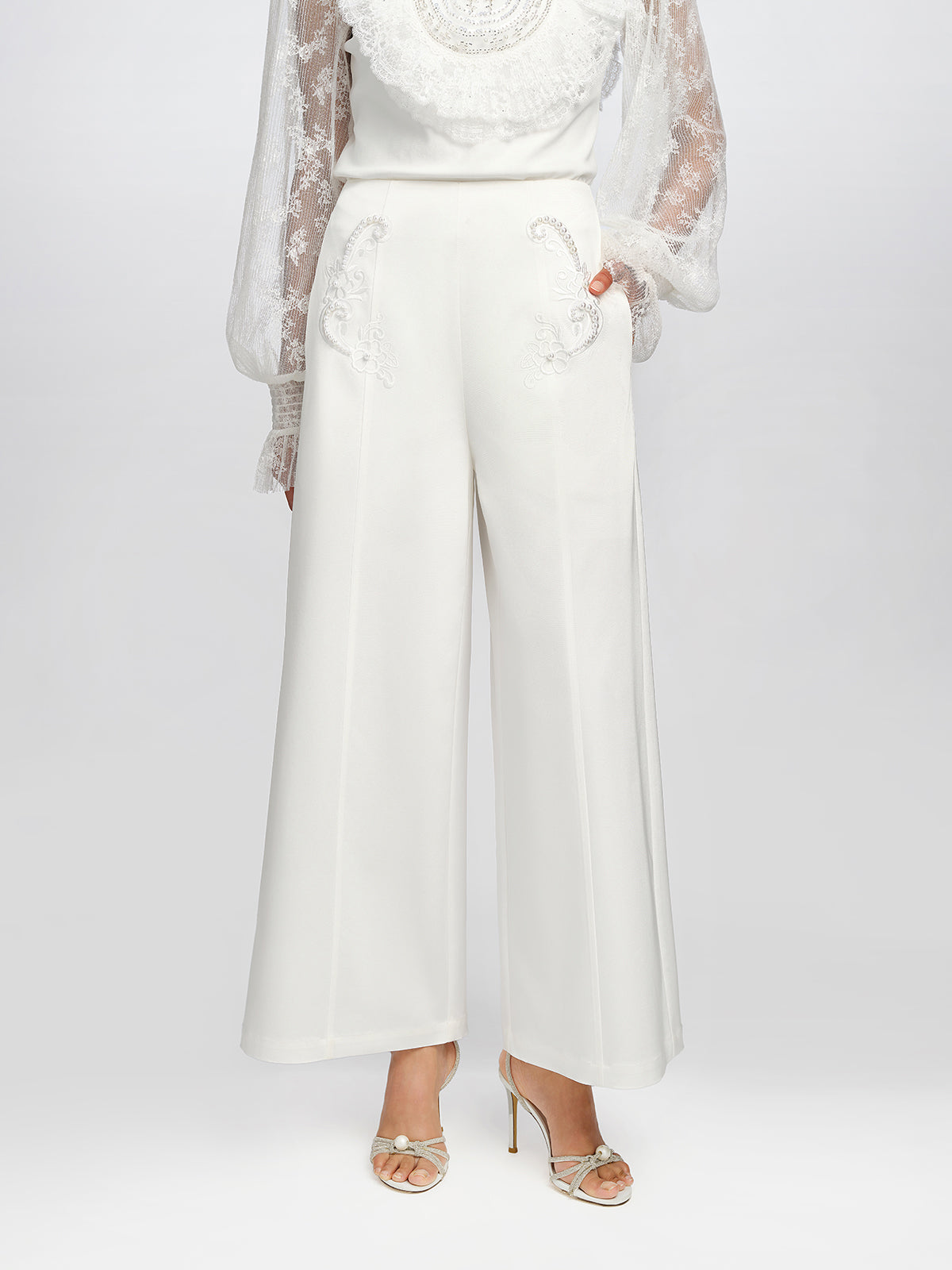 Woven Pearl Beaded Embroidered Wide-Leg Pants