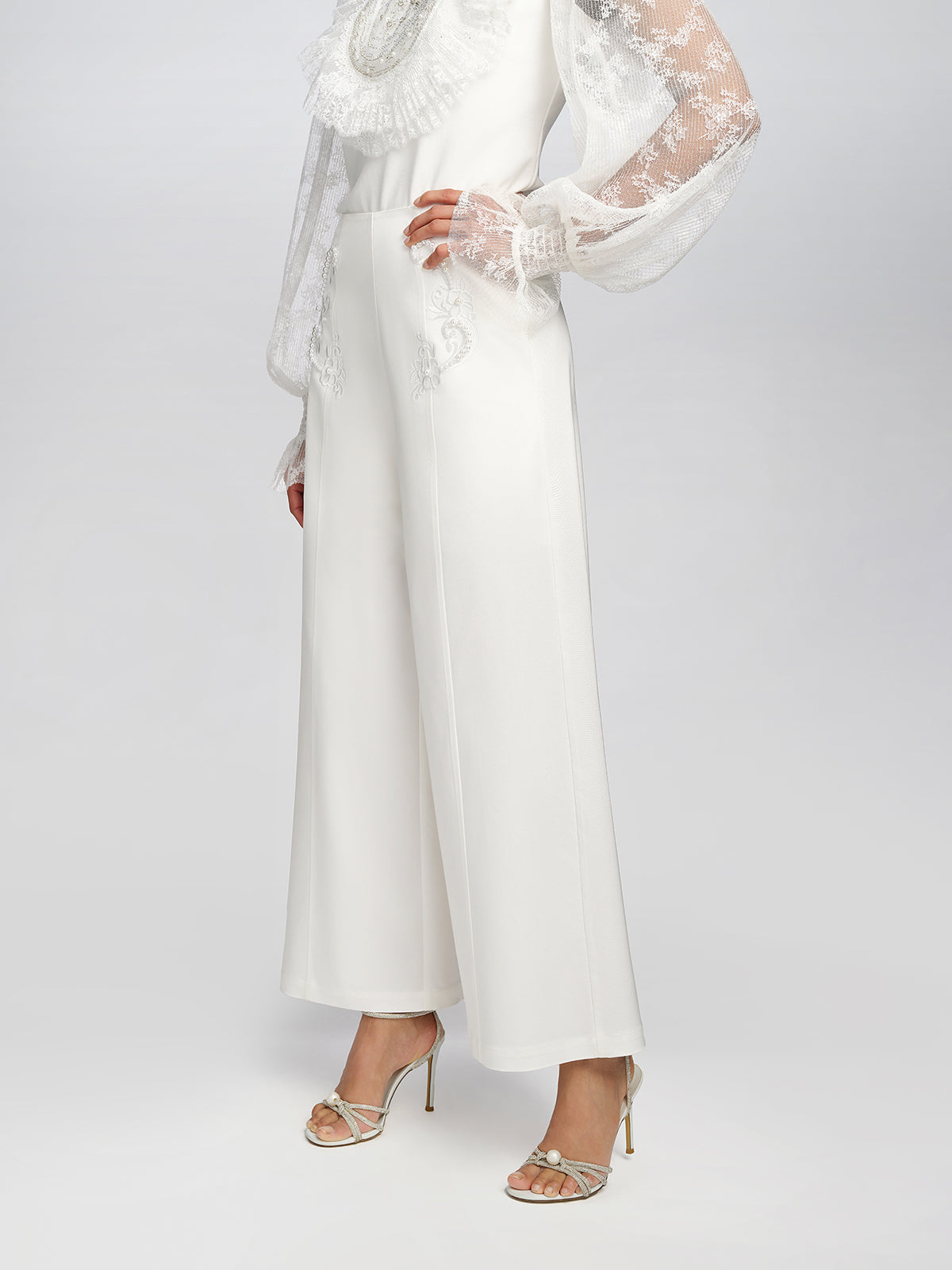 Woven Pearl Beaded Embroidered Wide-Leg Pants