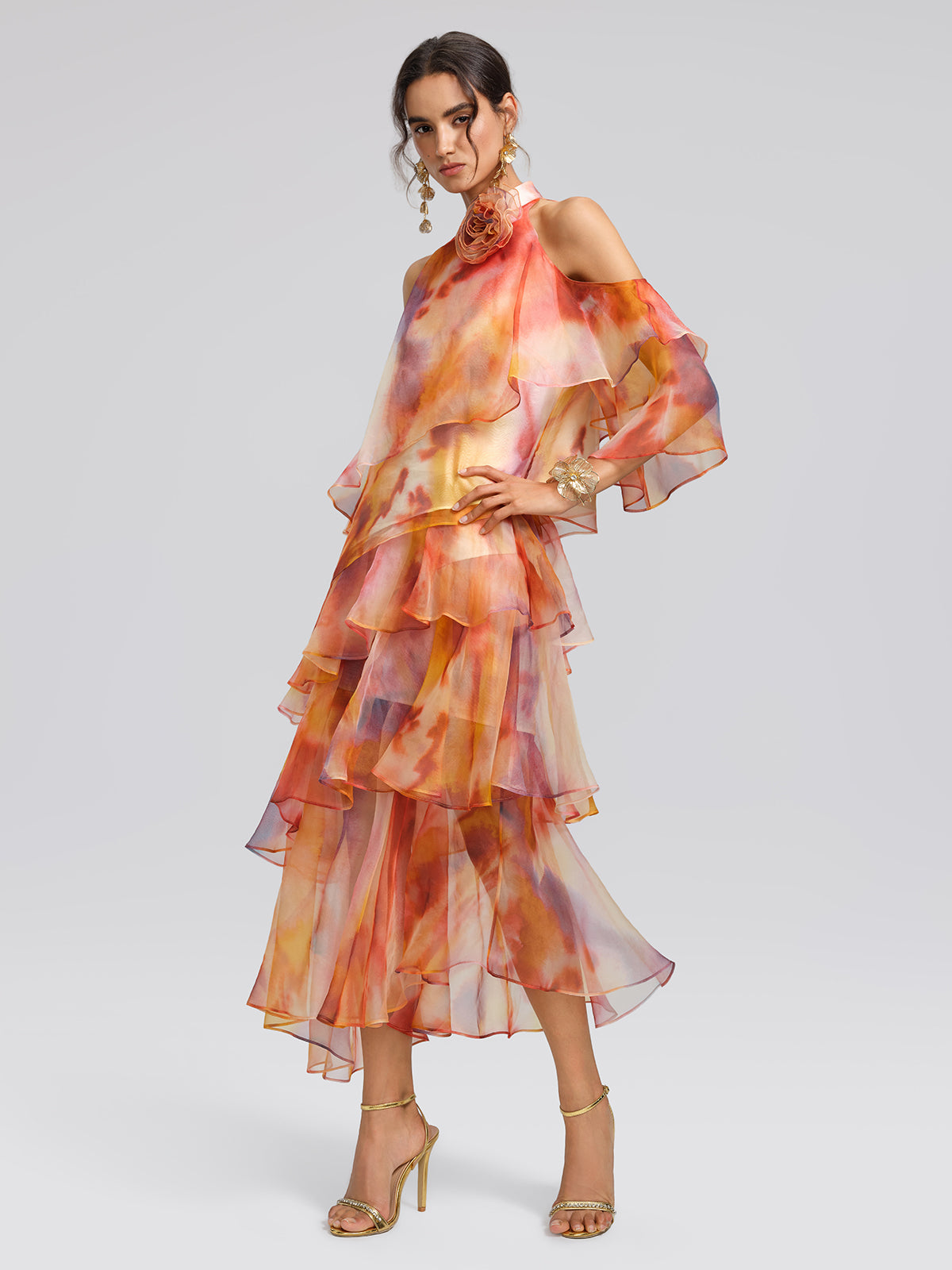 Silk Tie-Dye Off-Shoulder Vacation Top (Detachable Floral Included)