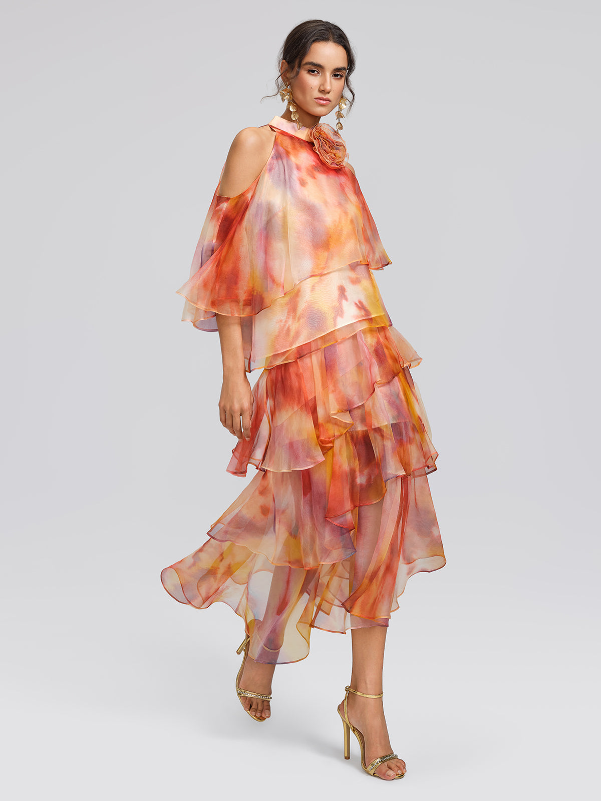 Silk Tie-Dye Off-Shoulder Vacation Top (Detachable Floral Included)