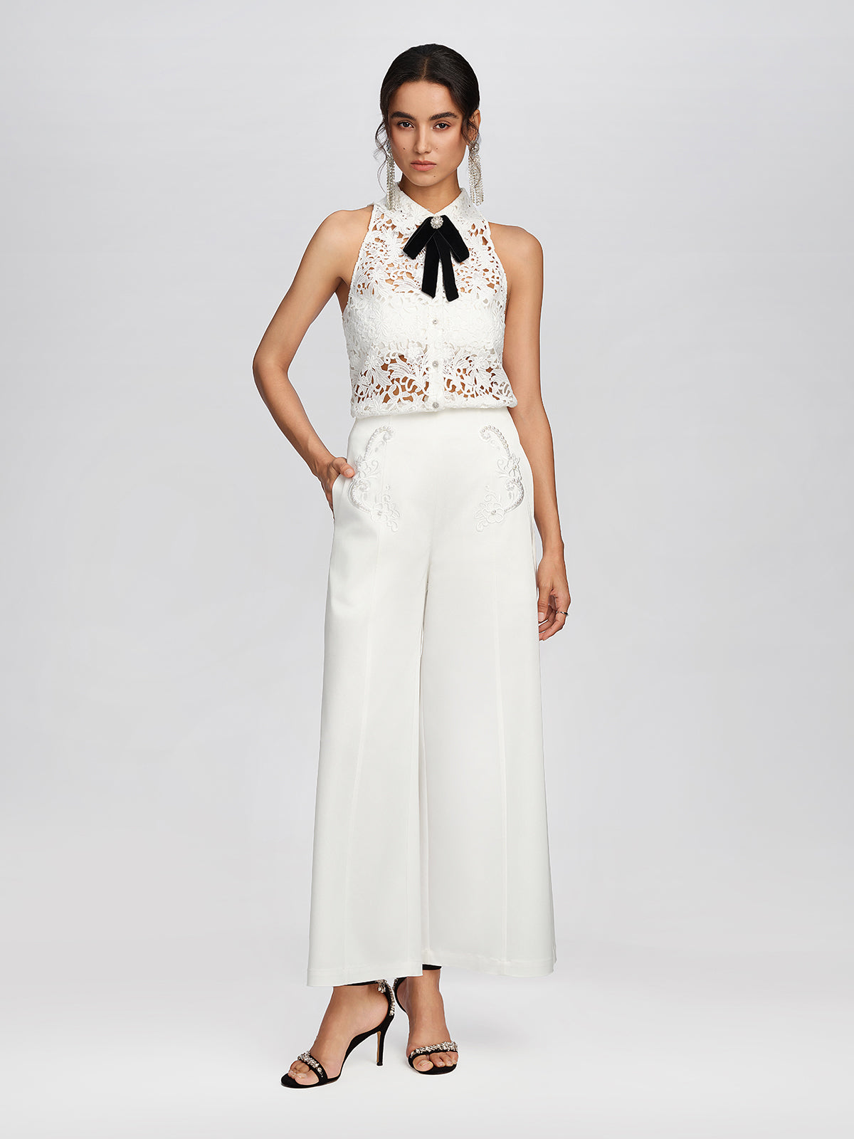 Woven Pearl Beaded Embroidered Wide-Leg Pants