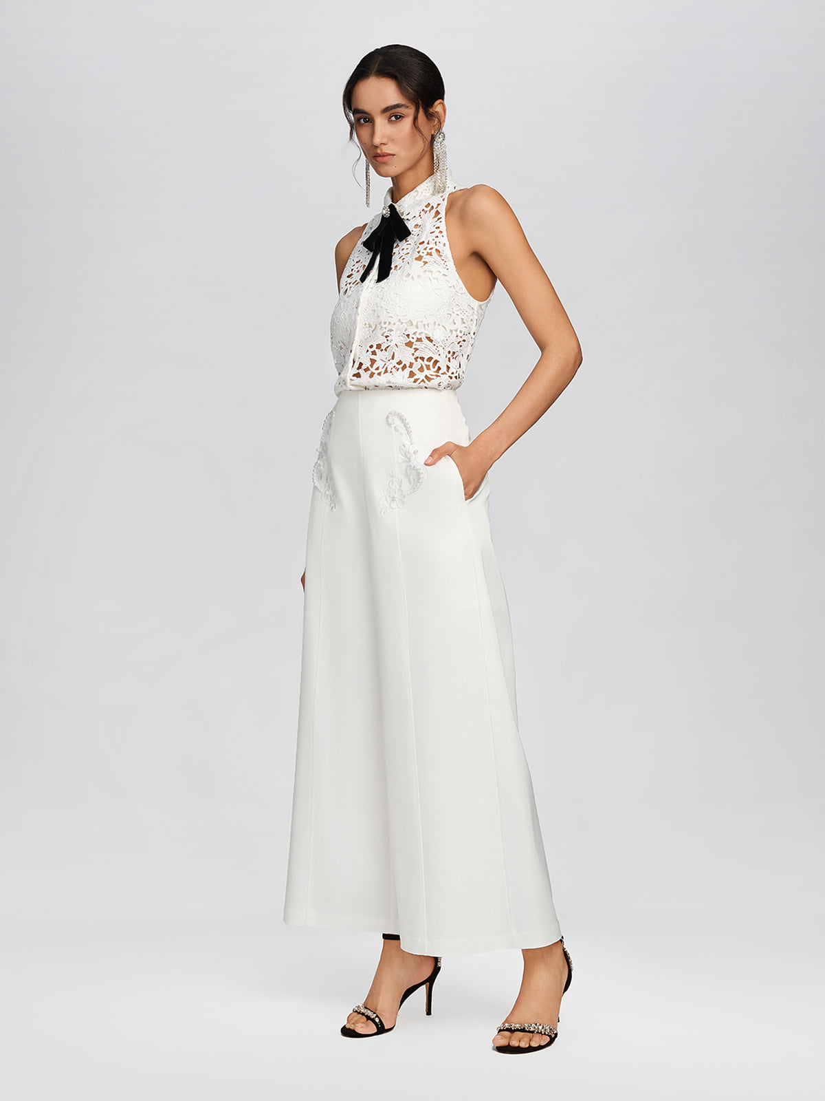 Woven Pearl Beaded Embroidered Wide-Leg Pants