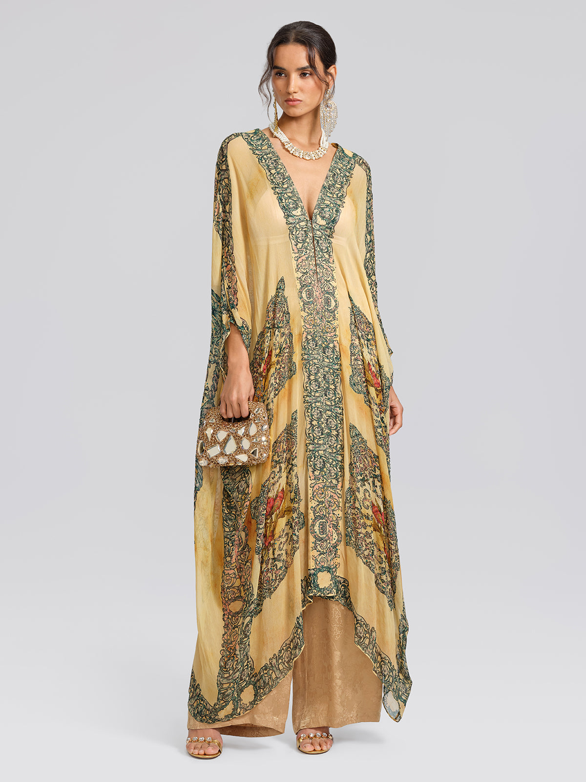 Gold Jacquard Wide Elastic Waist Pants
