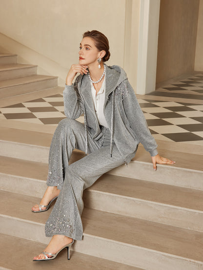 Chenille Ribbed Beaded Straight-Leg Pants