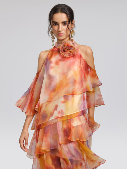 Silk Tie-Dye Off-Shoulder Vacation Top (Detachable Floral Included)
