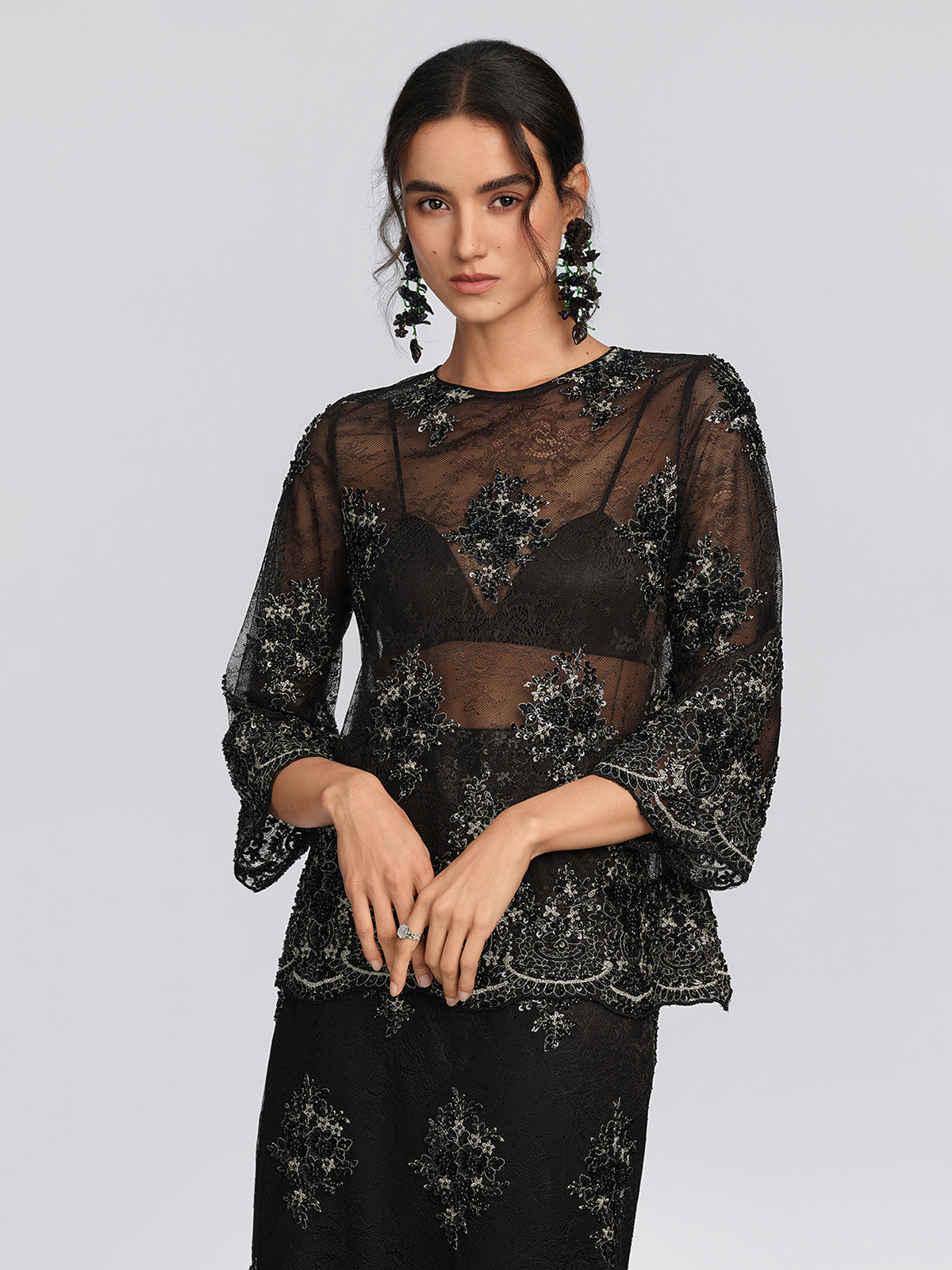 Sheer Lace Floral Embroidered Beaded Blouse