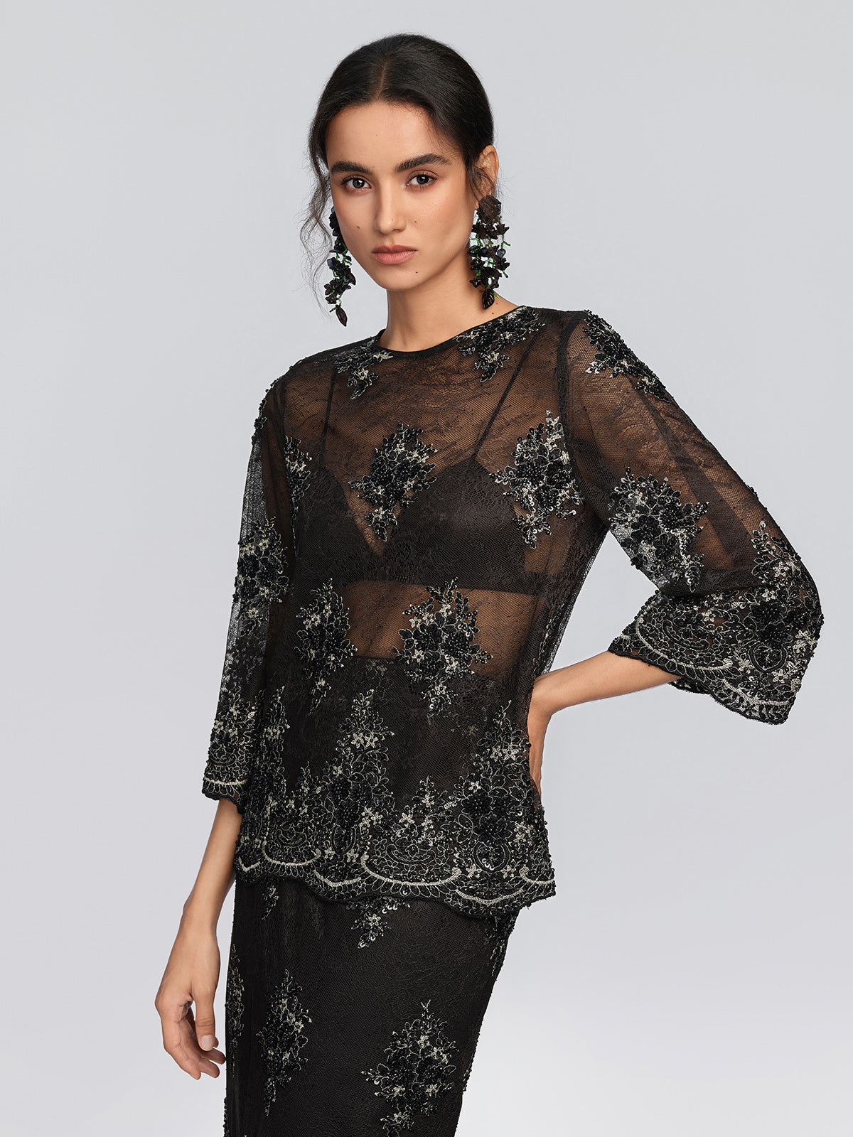 Sheer Lace Floral Embroidered Beaded Blouse