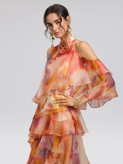 Silk Tie-Dye Off-Shoulder Vacation Top (Detachable Floral Included)