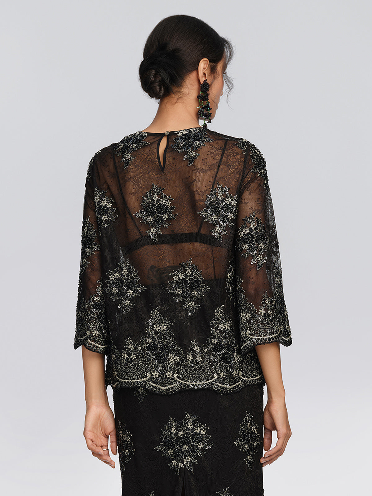 Sheer Lace Floral Embroidered Beaded Blouse