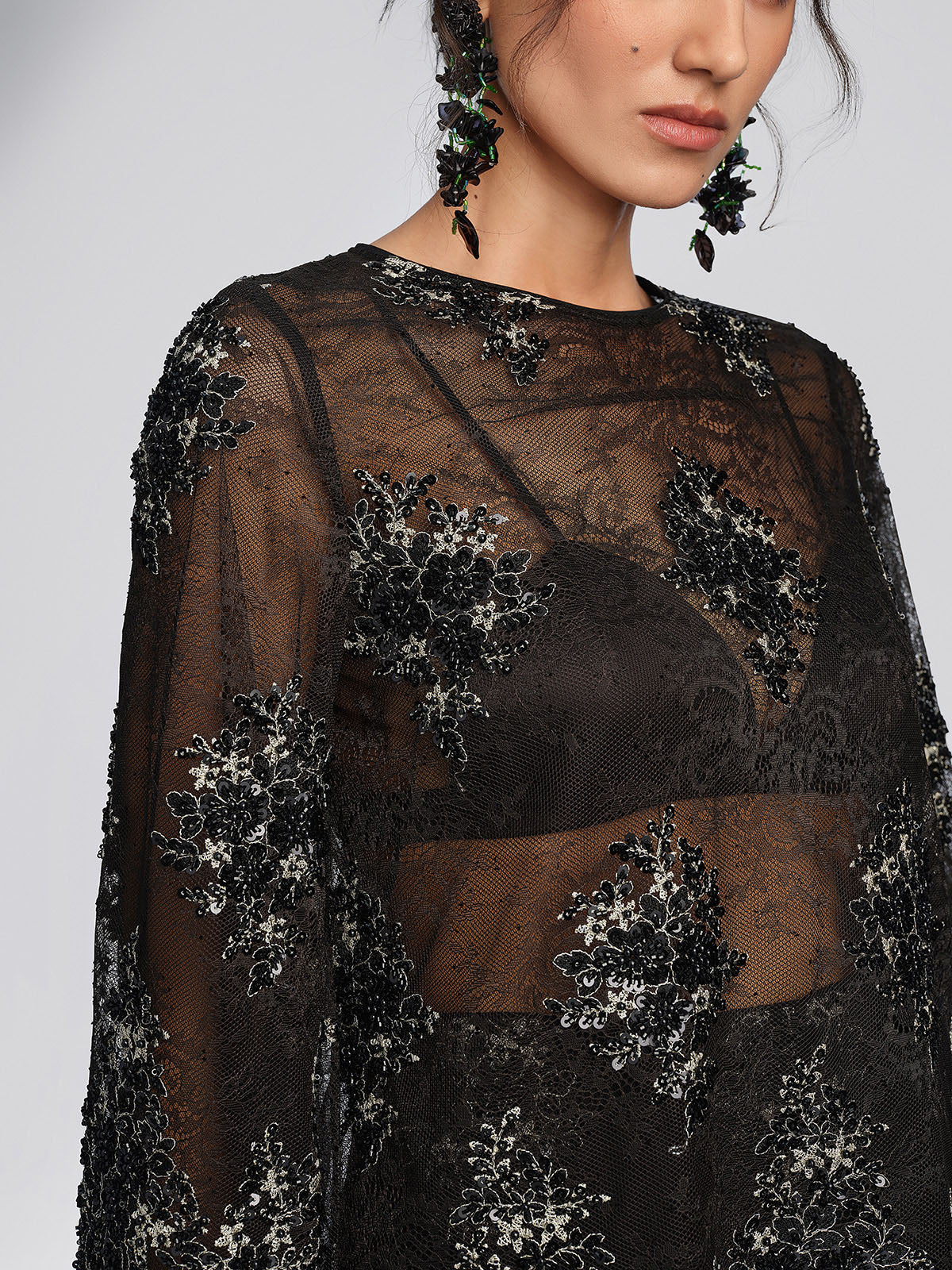 Sheer Lace Floral Embroidered Beaded Blouse