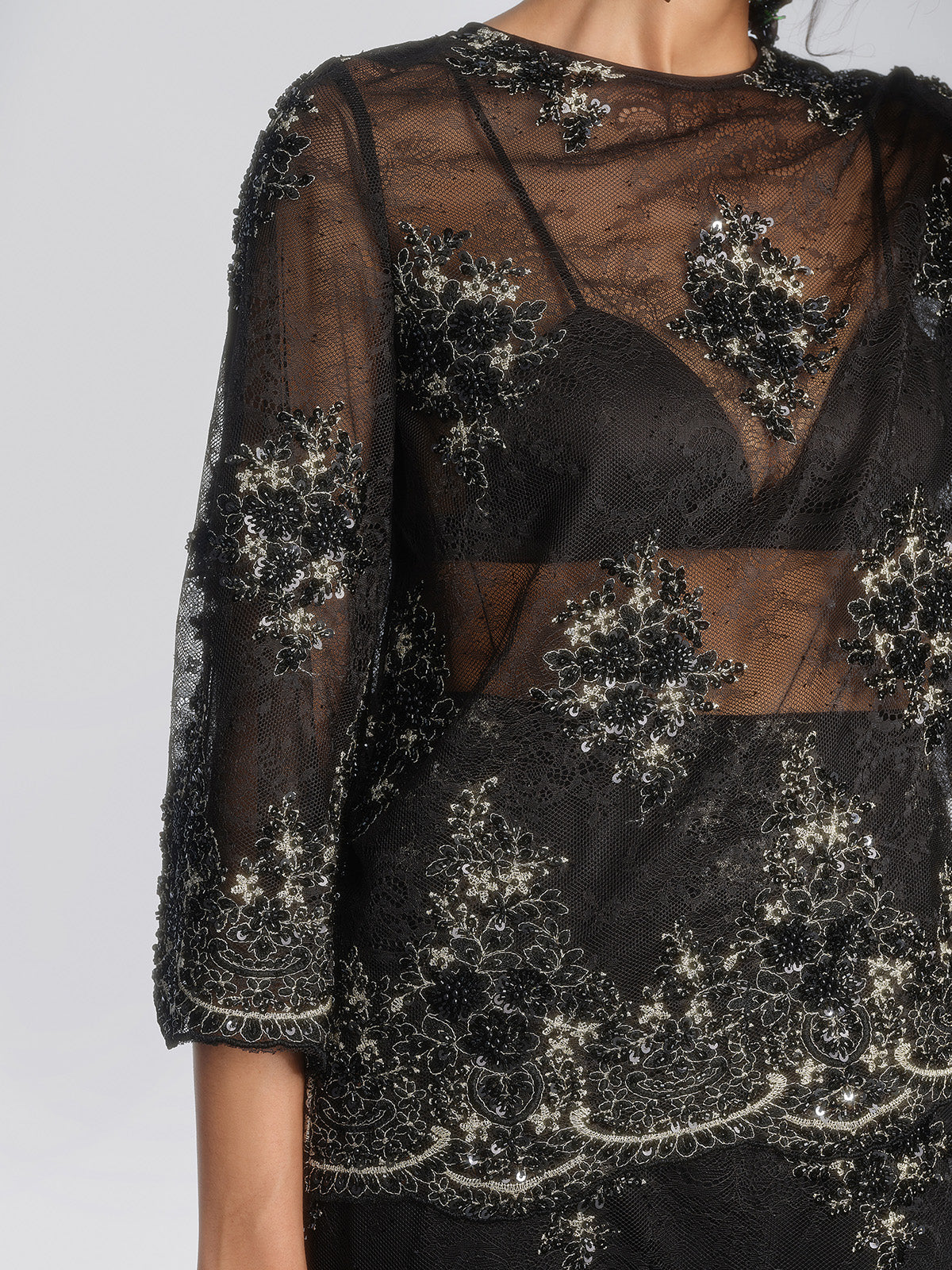Sheer Lace Floral Embroidered Beaded Blouse