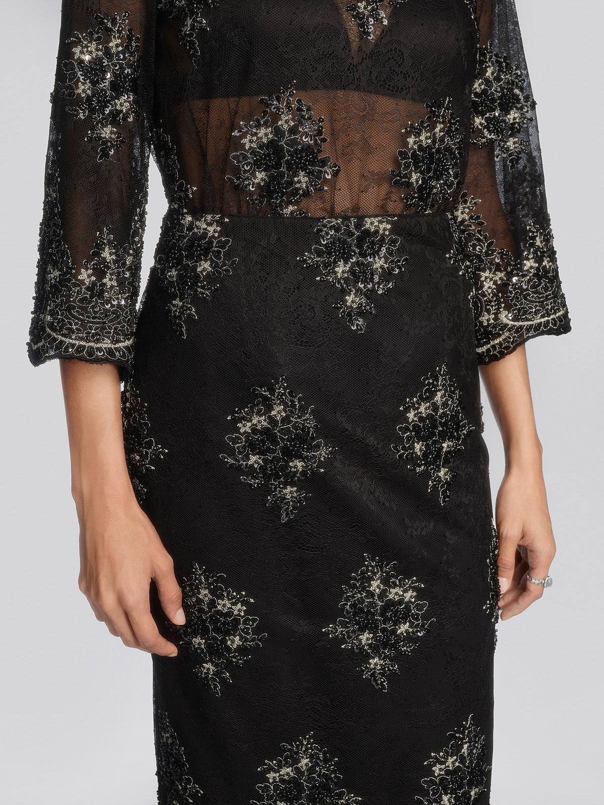 Sheer Mesh Lace Floral Embroidered Beaded Skirt