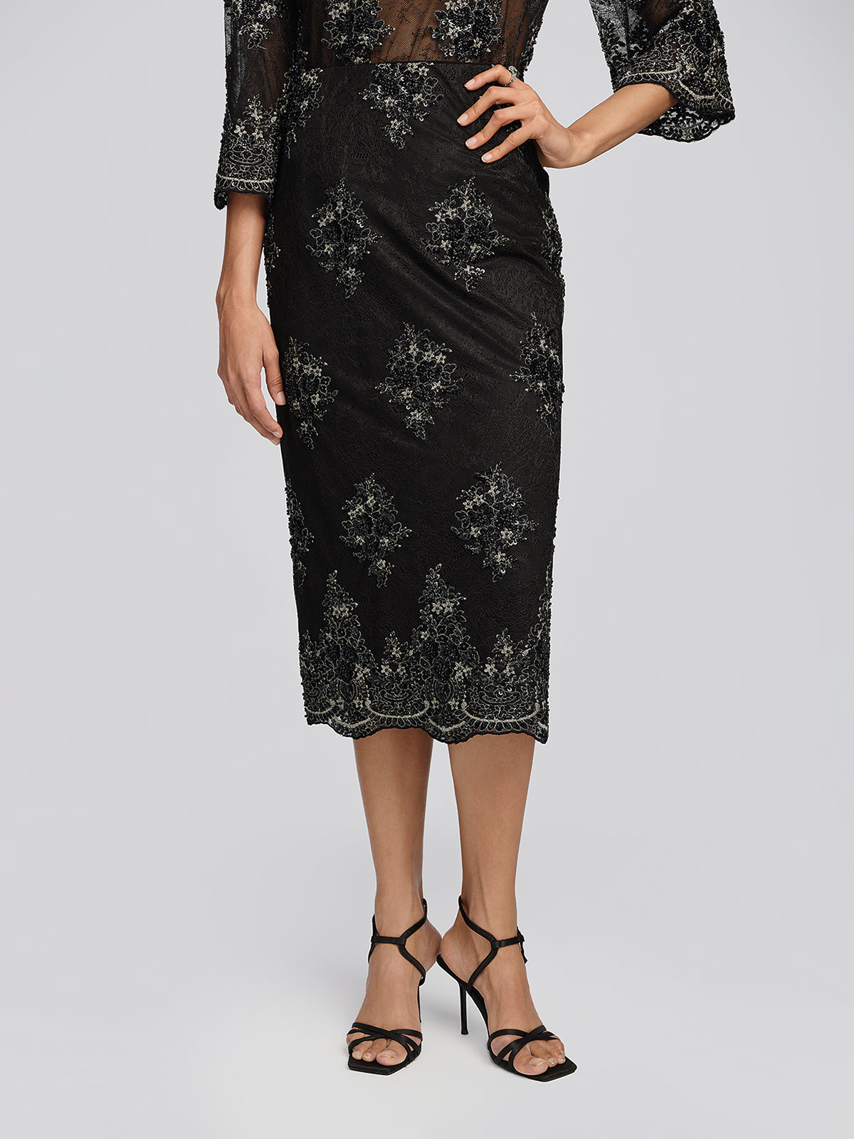 Sheer Mesh Lace Floral Embroidered Beaded Skirt