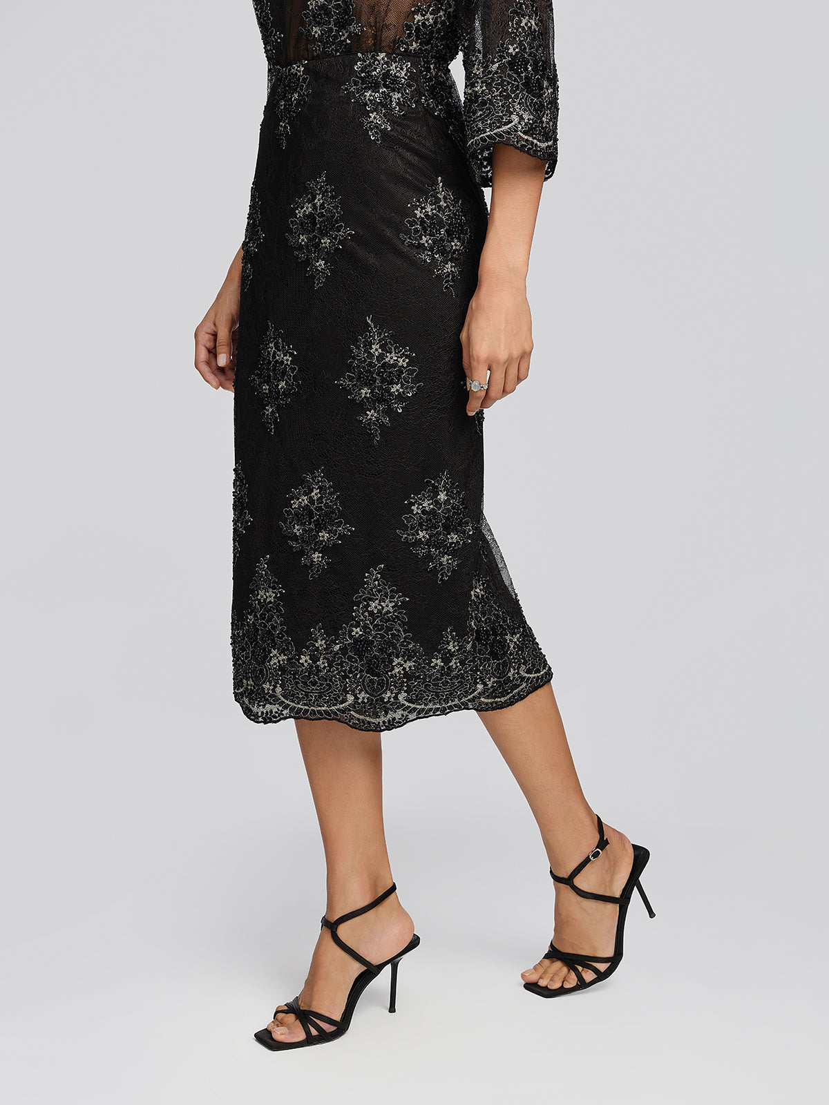 Sheer Mesh Lace Floral Embroidered Beaded Skirt