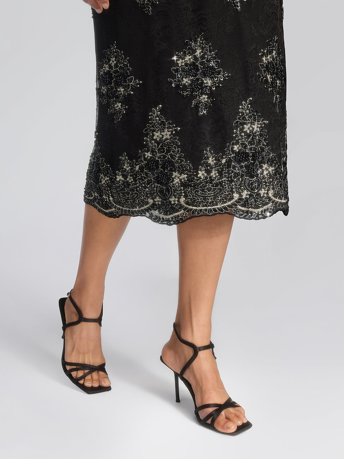 Sheer Mesh Lace Floral Embroidered Beaded Skirt