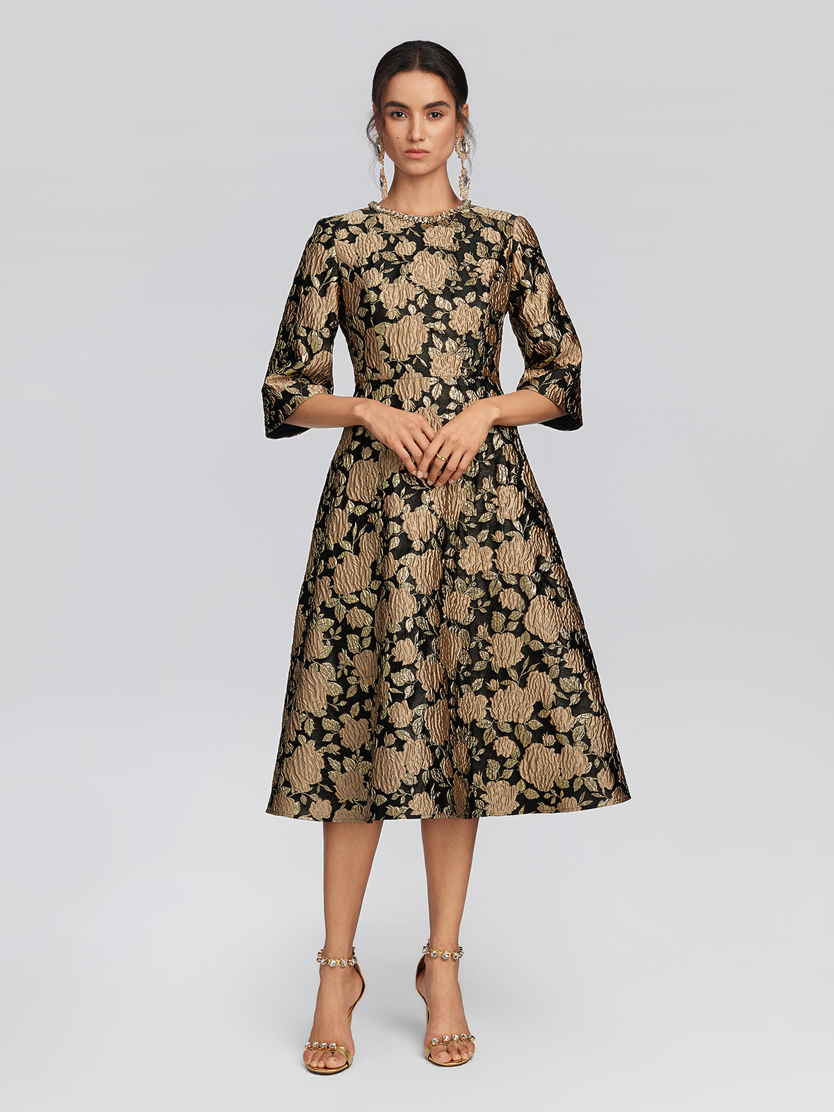 Embossed Jacquard Beaded Collar Dress