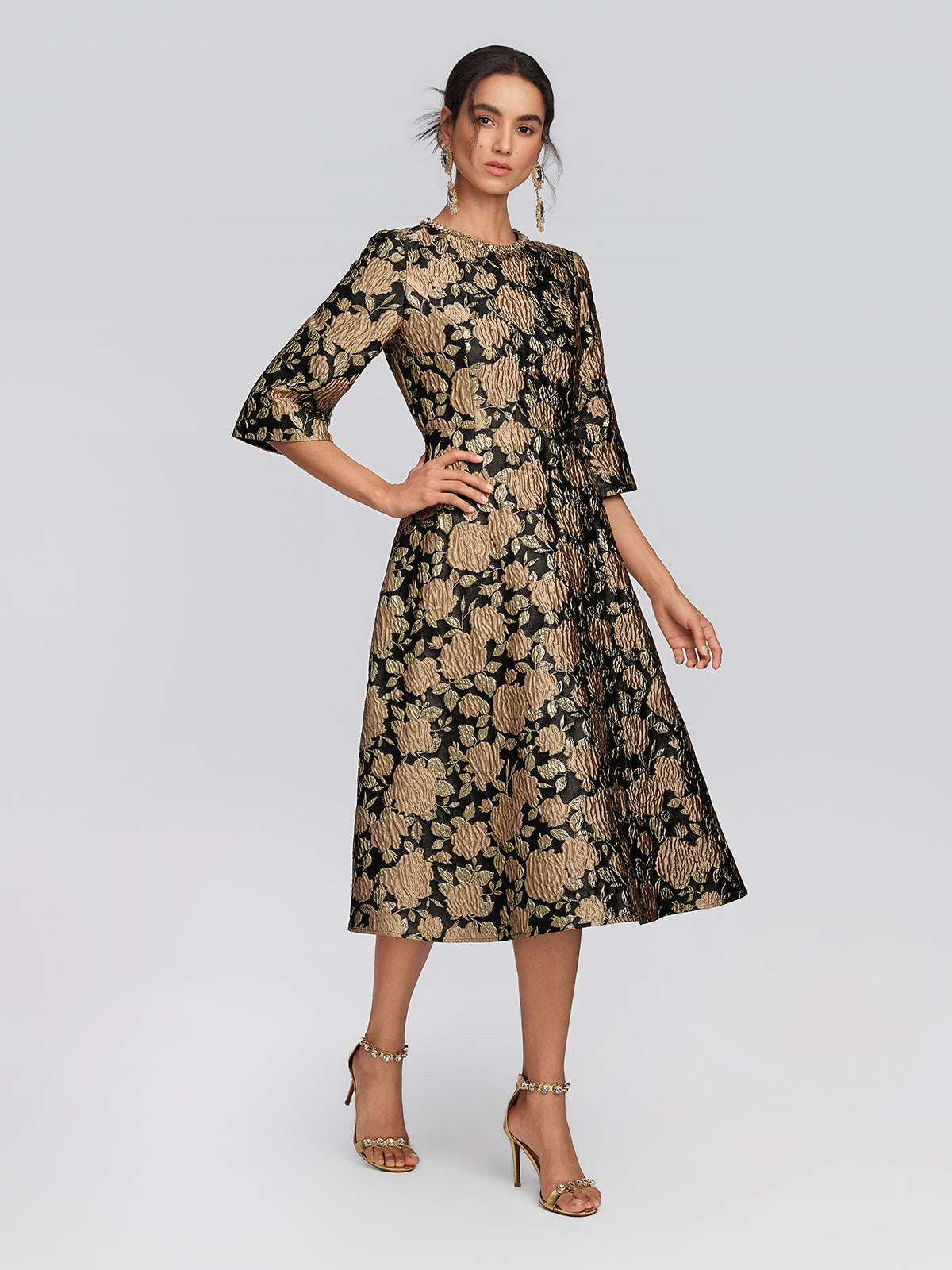Embossed Jacquard Beaded Collar Dress